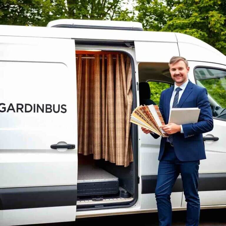 Gardinbus med gardinmand og gardinprøver