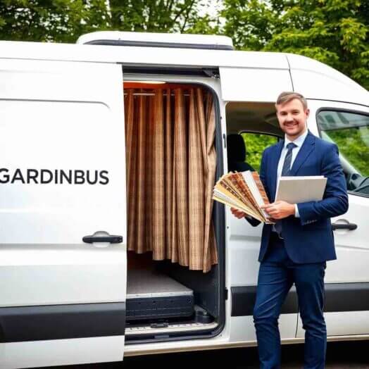 Gardinbus med gardinmand og gardinprøver